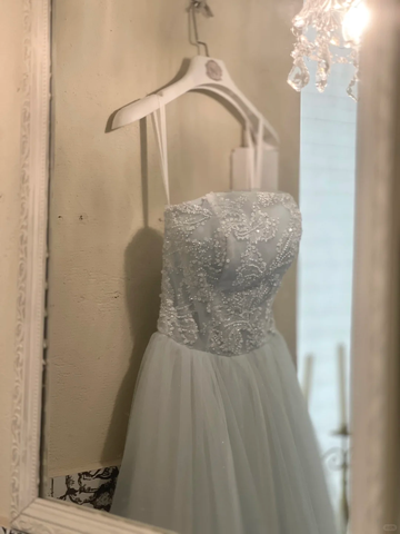 Baby Blue A Line Strapless Beaded Tulle 18th Birthday Dress Prom Dress HZ1023